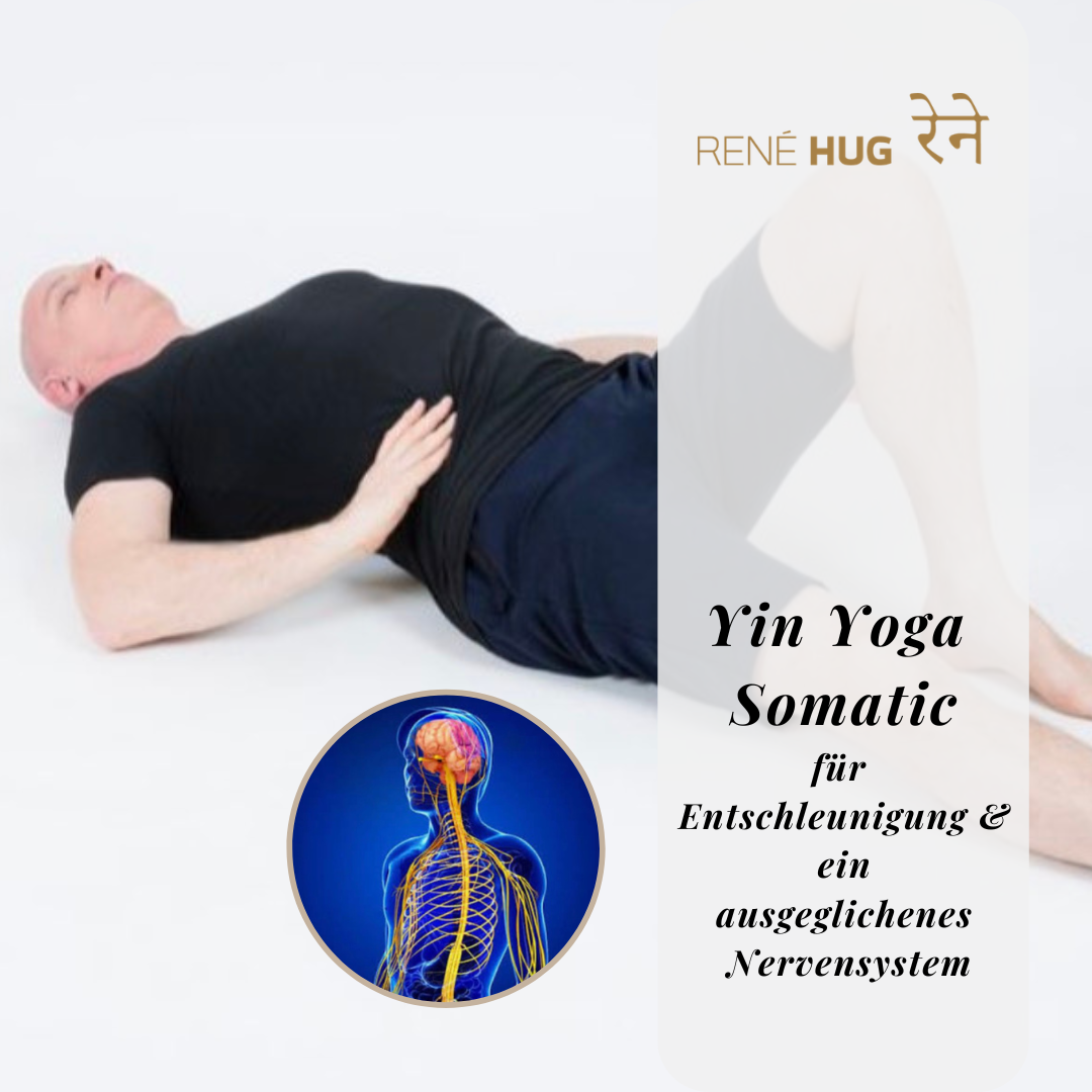 Yin Yoga Somatic für Entschleunigung und ein ausgeglichenes Nervensystem René Hug in Yin Yoga Haltung in Rückenlage mit Unterstützung von Bolstern